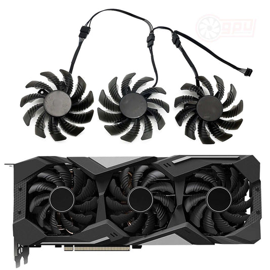 Gigabyte RX 5500 5600 5700 XT 78mm replacement gaming GPU cooling fans set with wiring loom and mounting holes.