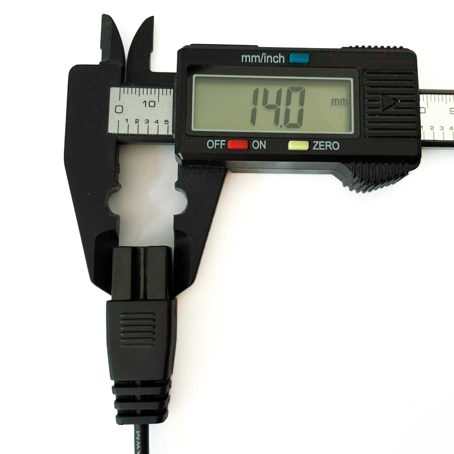Pool vacuum charging USB cable with caliper measuring 14mm width.