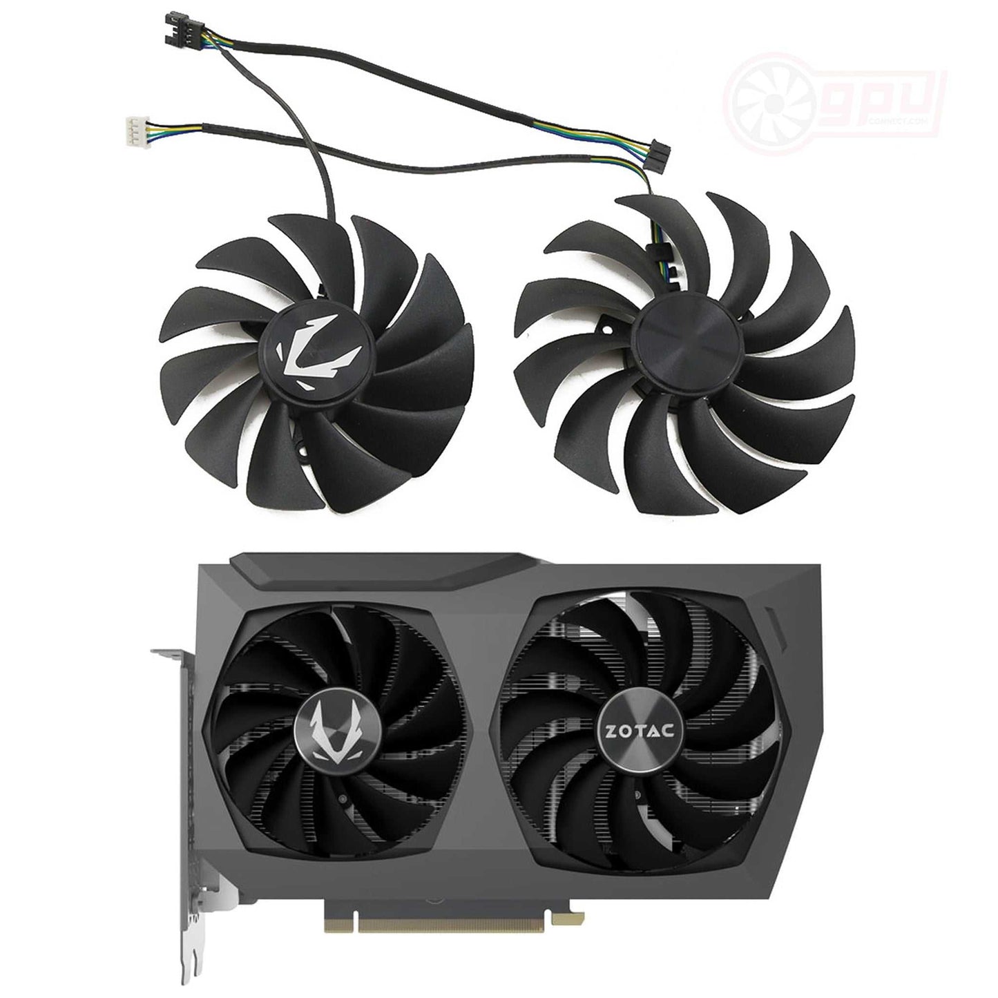 Zotac RTX 3070 Ti Twin Edge replacement GPU cooling fans set with connectors and original graphics card shown for compatibility.