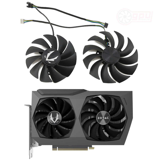 Zotac RTX 3070 Ti Twin Edge replacement GPU cooling fans set with connectors and original graphics card shown for compatibility.