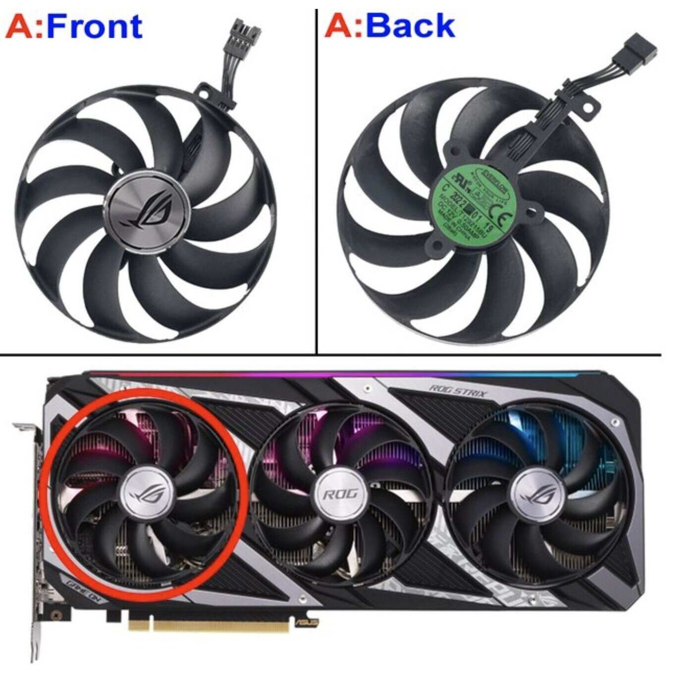 ASUS RTX ROG 3050 3060 STRIX Replacement Cooling Fan Set 88mm T129215BU (7 Pin) - GPUCONNECT.COM
