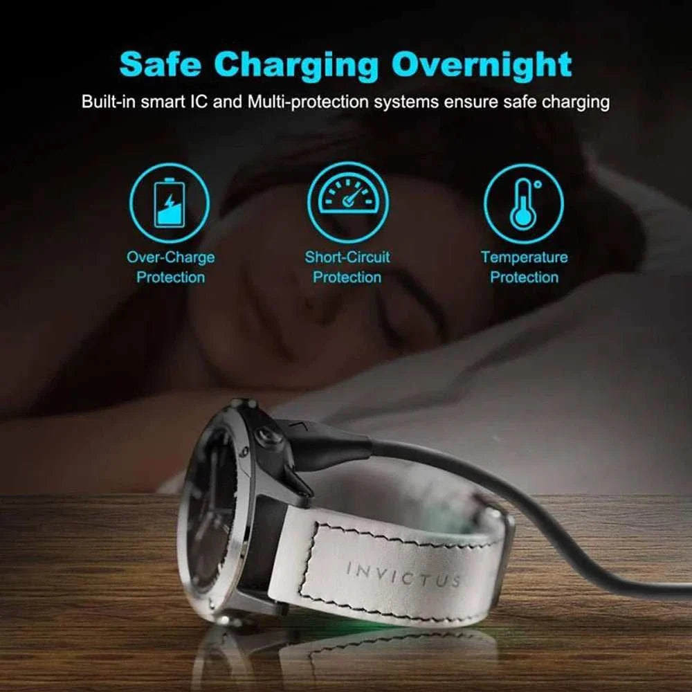 Garmin Fenix Vivoactive Forerunner USB-C charging cable with safety features, including over-charge, short-circuit, and temperature protection, connected to a watch.