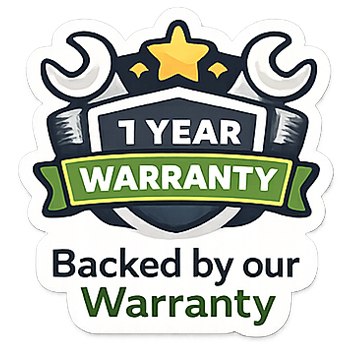 Warranty badge with '1 Year Warranty' text on a white background