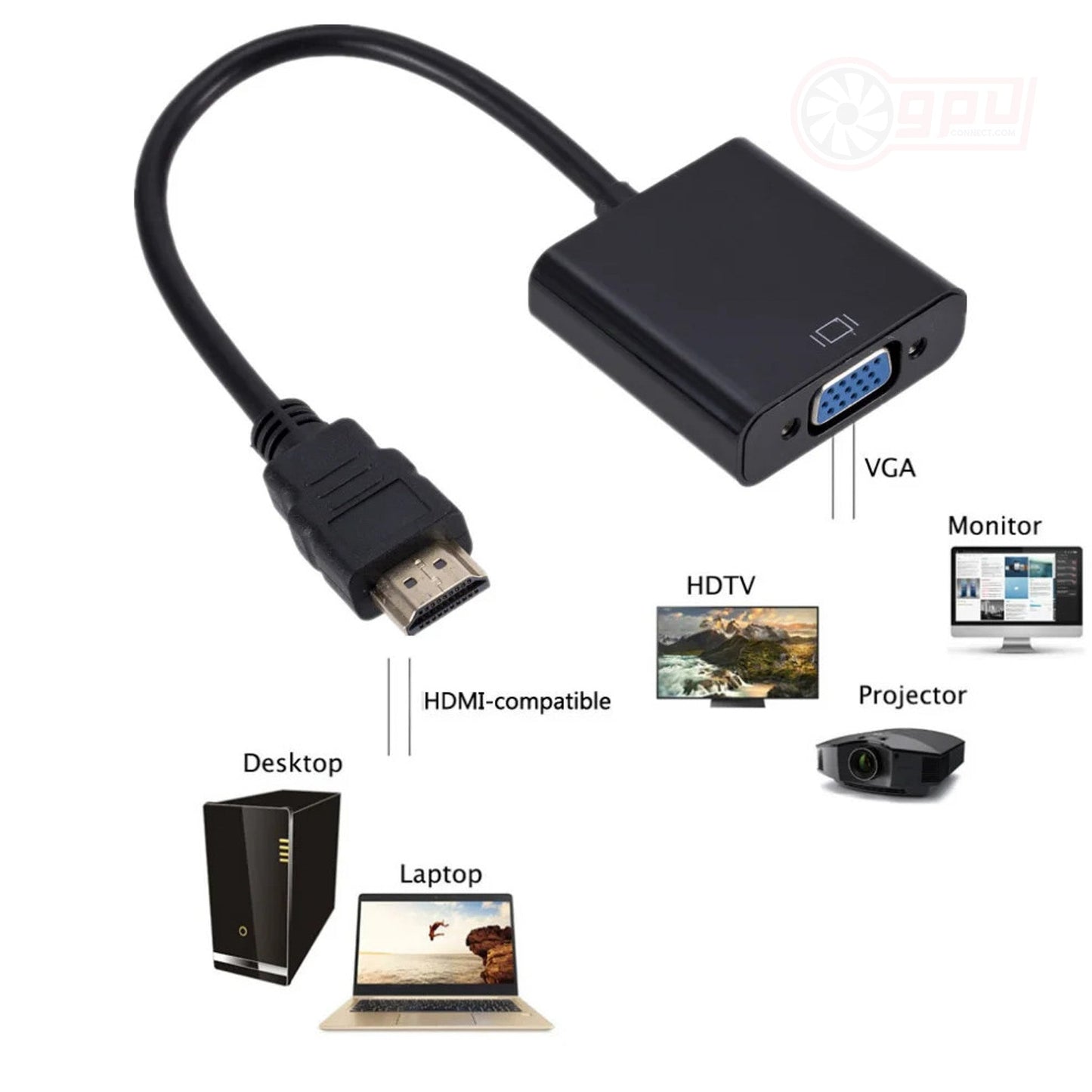 HDMI to VGA Adapter Cable V2 with Audio and Power Port - GPUCONNECT.COM