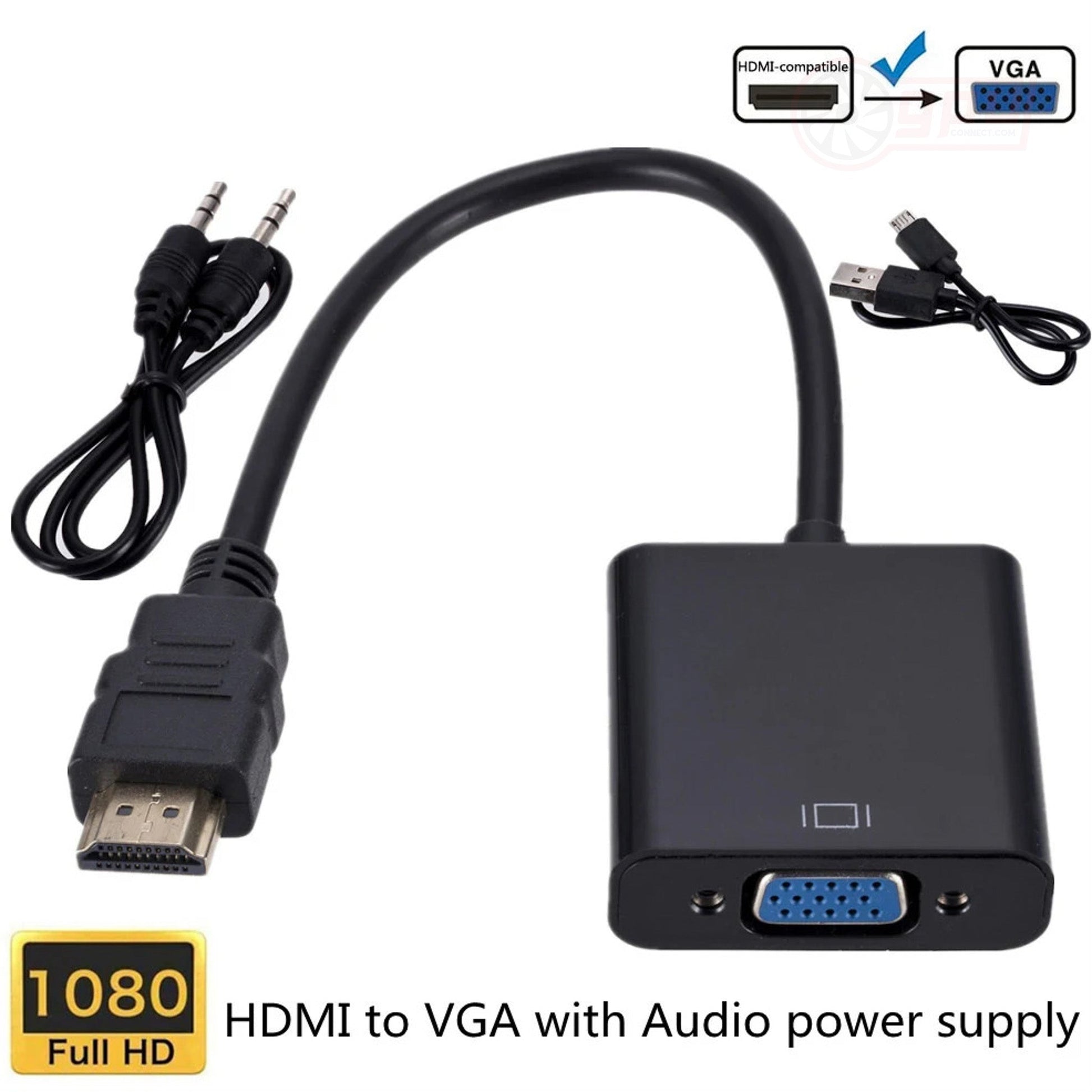 HDMI to VGA Adapter Cable V2 with Audio and Power Port - GPUCONNECT.COM