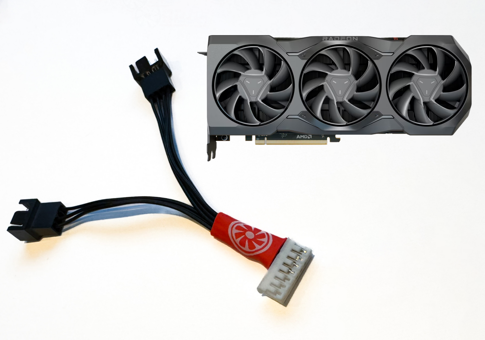 AMD Radeon 7900 XTX 7-pin to dual 4-pin PWM fan adapter cable for GPU deshrouding.