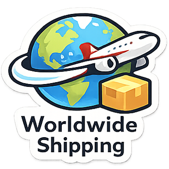 Sticker with airplane around a globe and the text 'Worldwide Shipping' on a white background.
